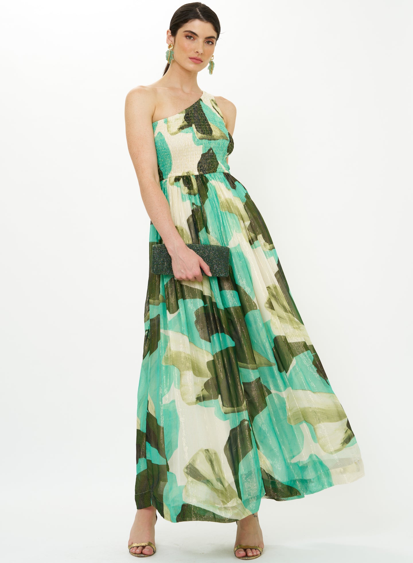 OLIPHANT One Shoulder Smocked Maxi - Green Ginkgo