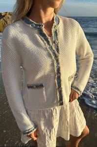 27 Miles Sutton Cotton Lady Cardigan with Denim Trim - Cloud