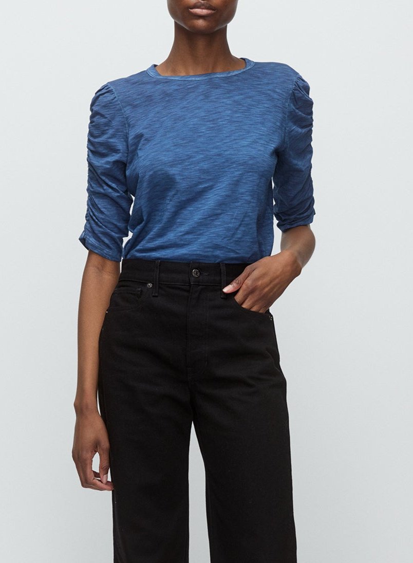 Veronica Beard Waldorf Ruched-Sleeve Tee - Blue Stone