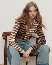 Load image into Gallery viewer, Veronica Beard Dilia Striped Button-Down T-Shirt - Malt/Navy/Red Oak