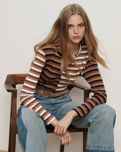 Veronica Beard Dilia Striped Button-Down T-Shirt - Malt/Navy/Red Oak
