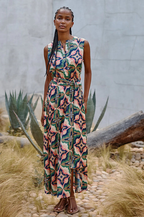 Misa Anabella Dress - Prismatic Tile Coral Satin