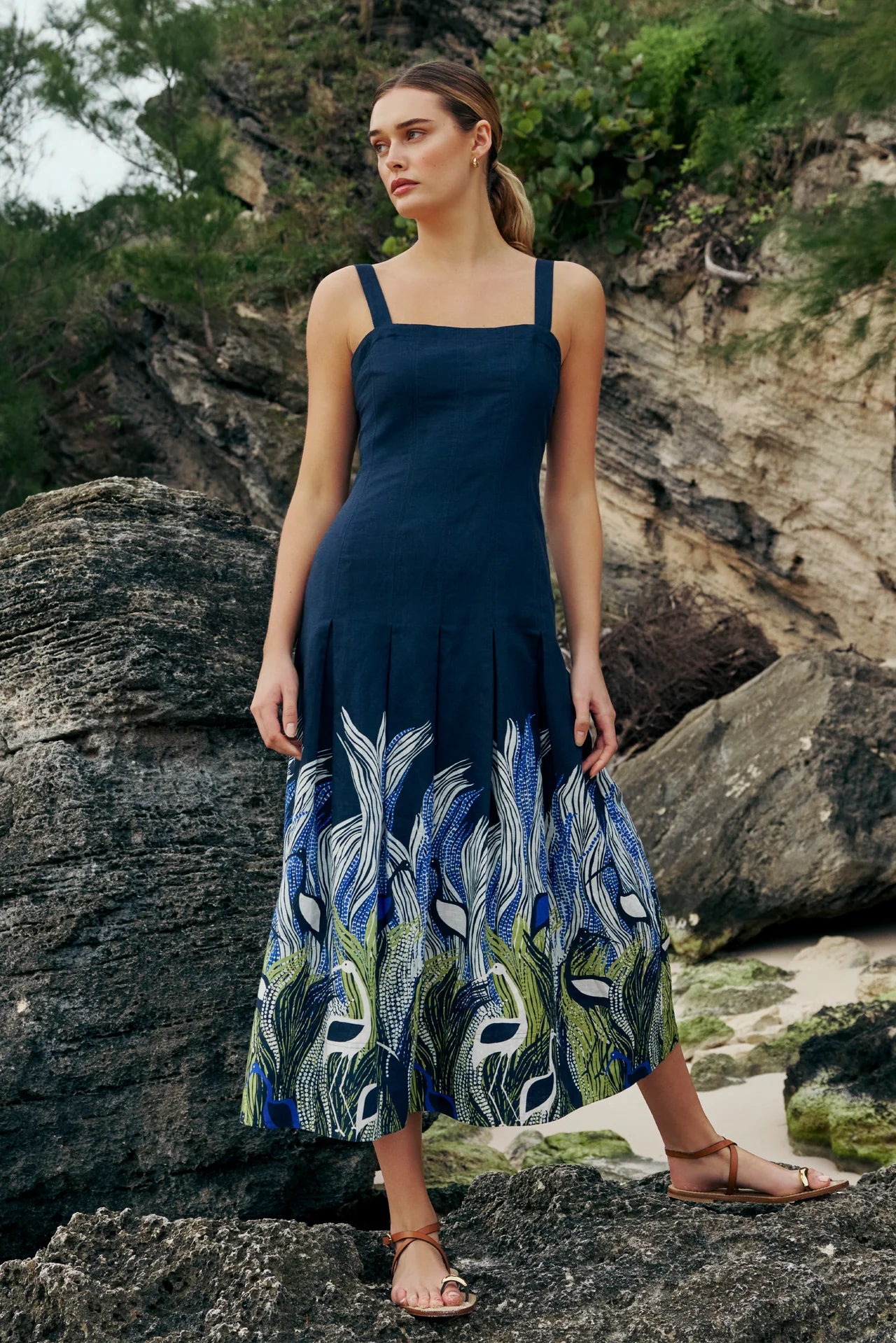 Marie Oliver Dixon Dress - Navy Blue Printed Drop-Waist Midi Dress Luck Lafayette Marie Oliver Dixon Dress - Navy Blue Printed Drop-Waist Midi Dress Luck Lafayette