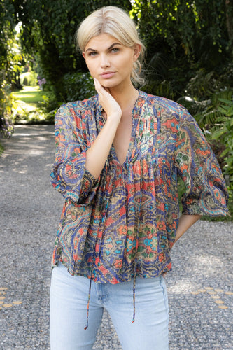 OLIPHANT V-Neck Pintuck Blouse - Persia Cobalt
