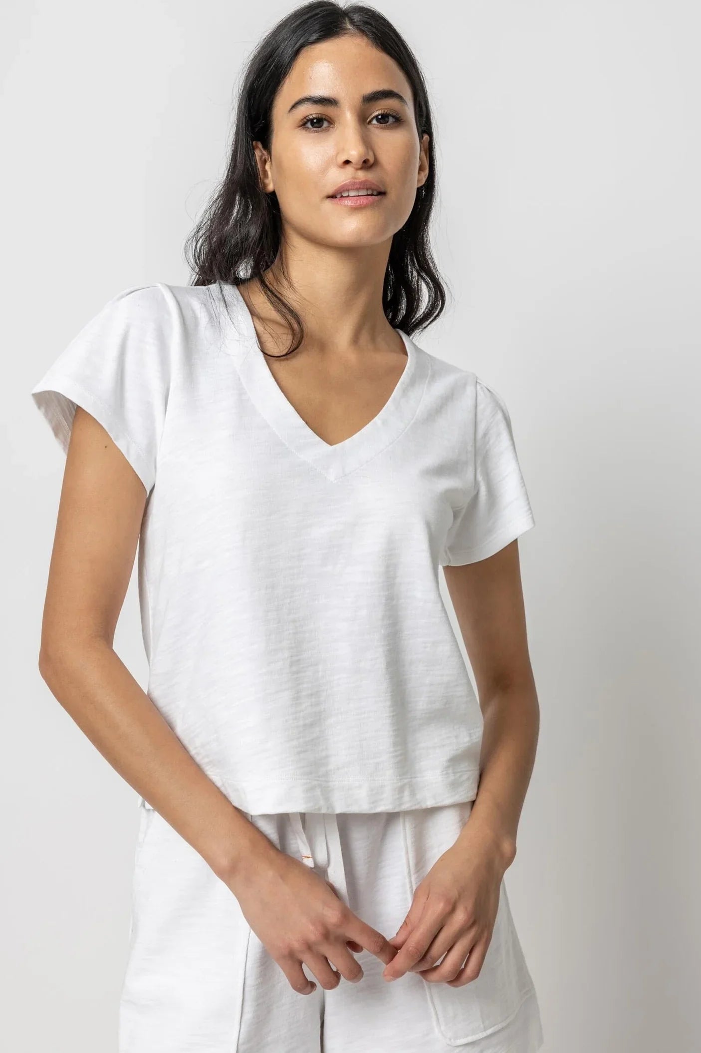 Lilla P Pleated Cap Sleeve V-Neck - White