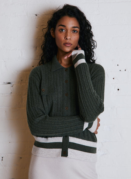 Autumn Cashmere Collared Cabled Cardigan - Commander Combo