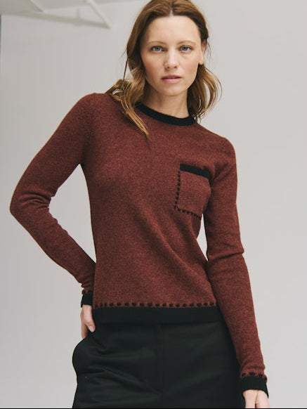 Autumn Cashmere Two Tone Crew with Lace Detail - Root Beer//Black