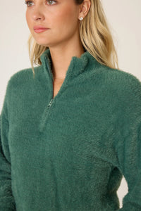 P.J. Salvage Campfire Cozy Feather Knit Quarter Zip Sweater - Sage Leaf