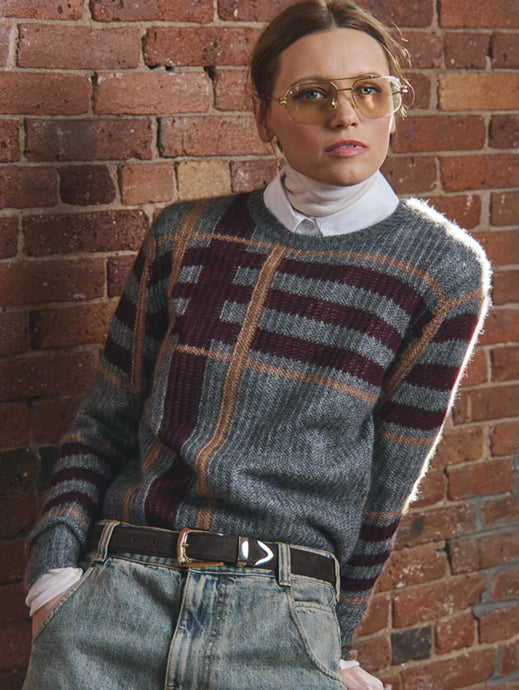 Autumn Cashmere Shaker Stitch Plaid Crew - Charcoal Combo
