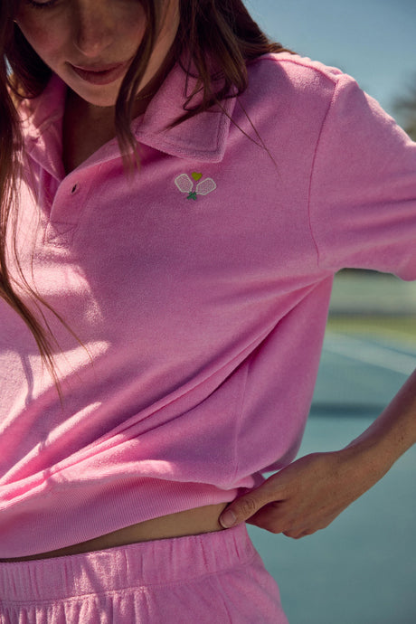 P.J. Salvage Happiest On The Court Pickleball Vintage Terry Polo Top - Bubblegum