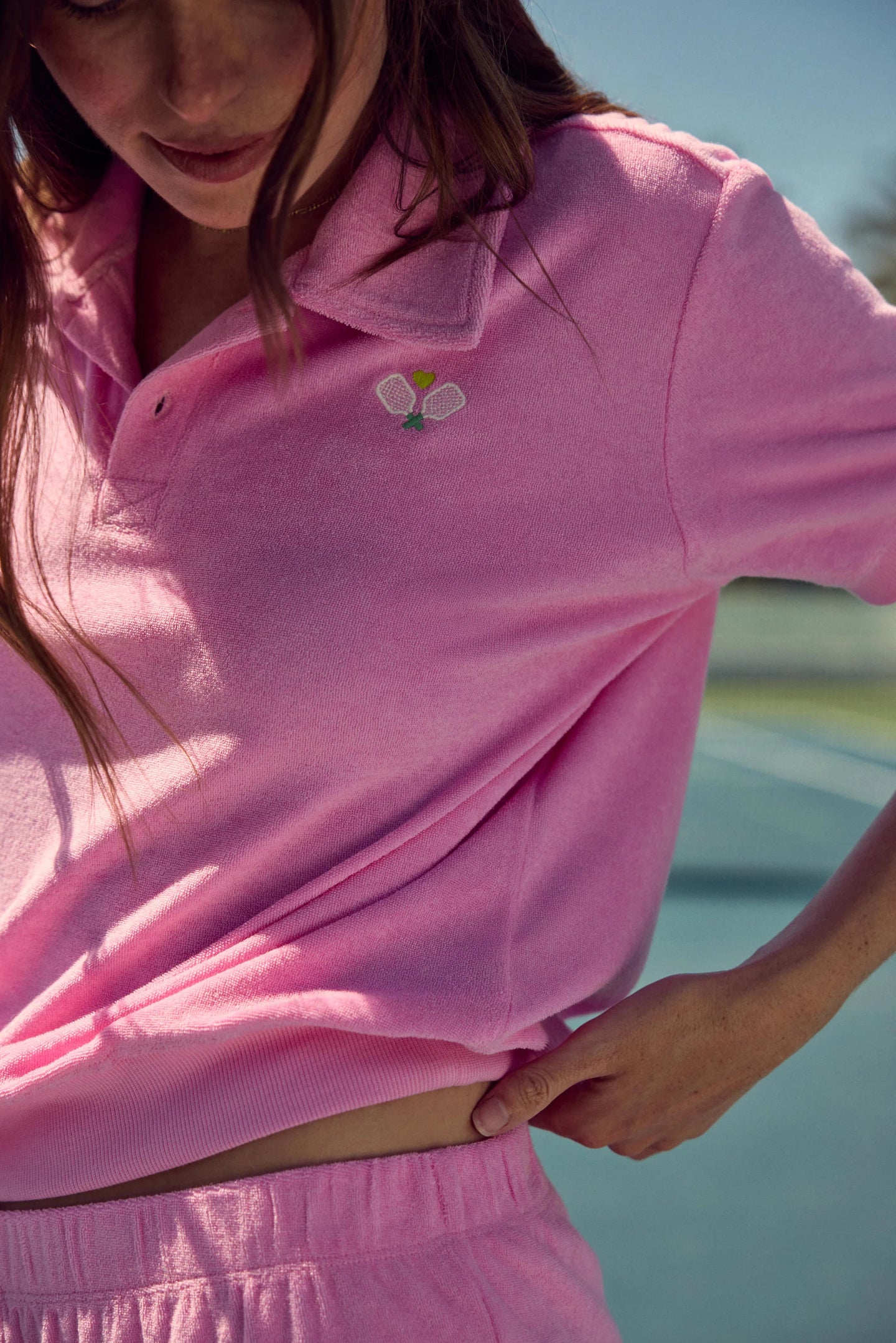 P.J. Salvage Happiest On The Court Pickleball Vintage Terry Polo Top - Bubblegum