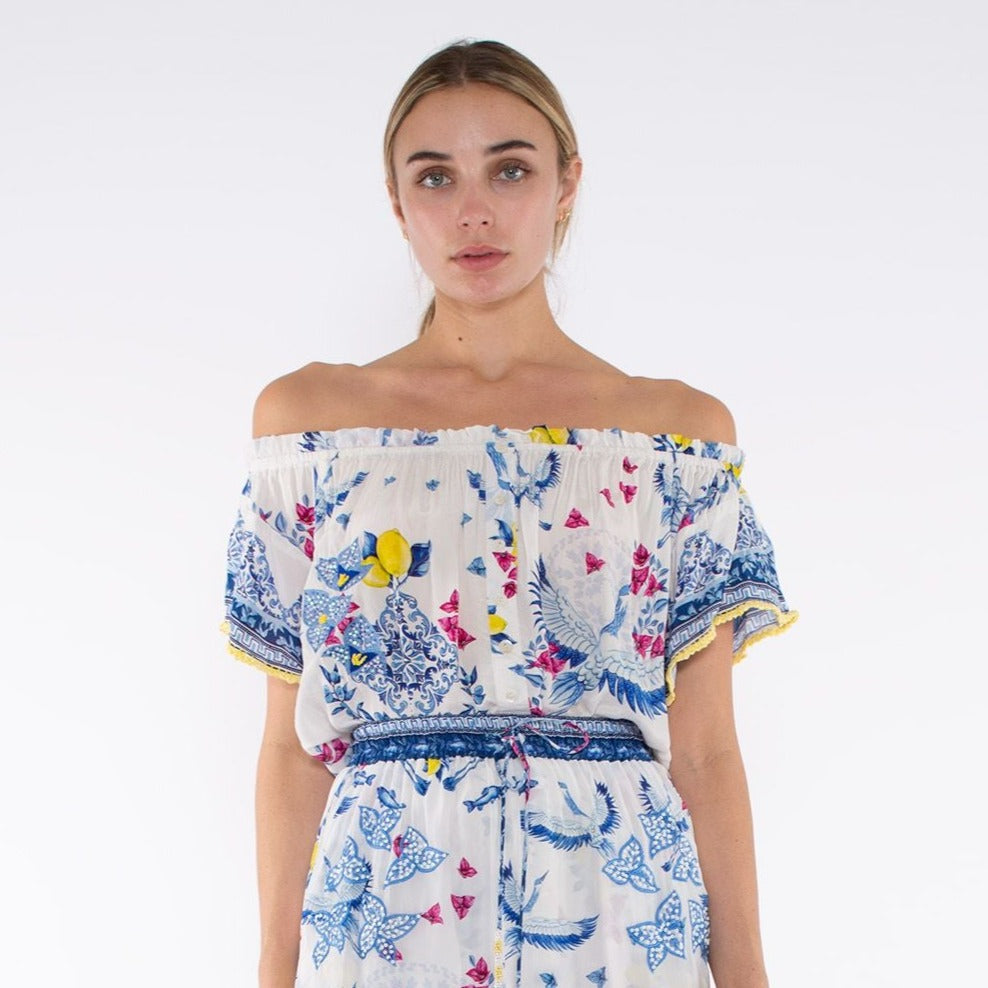 Taj by Sabrina Kamari Top - Blue Greek Birds w/Yellow Lemons