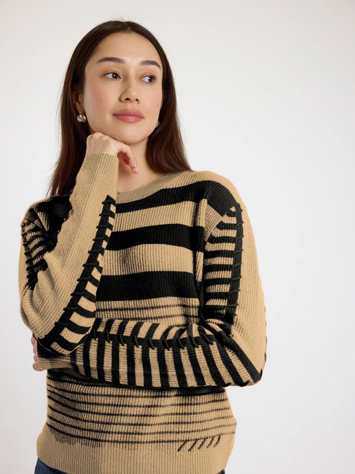 Brodie Mix Stripe Crew - Soft Camel/Black
