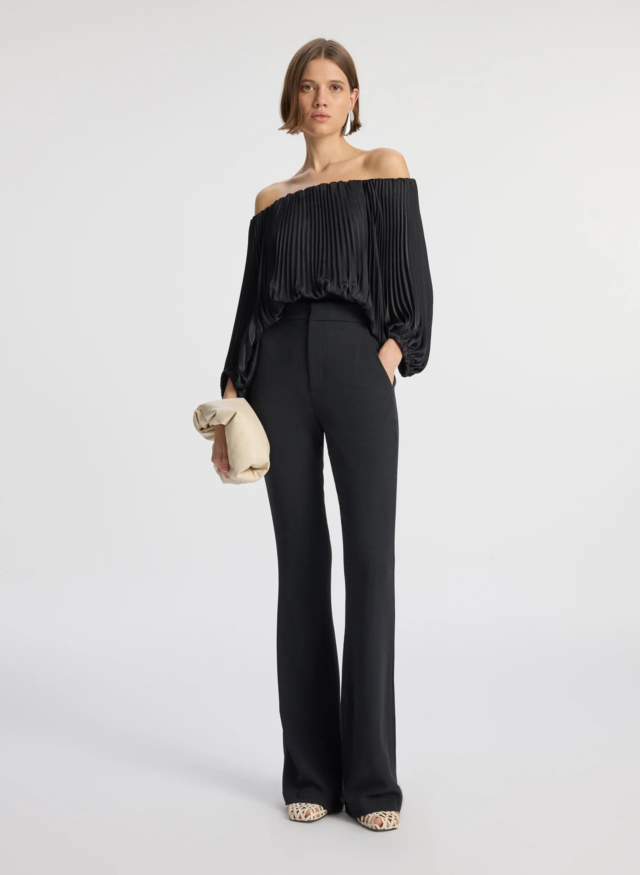 sienna satin pleated off shoulder dress A.L.C. Sienna Pleated Off-The-Shoulder Midi Dress