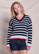 Load image into Gallery viewer, Sundry Striped V-Neck Sweater - Heart Embroidery