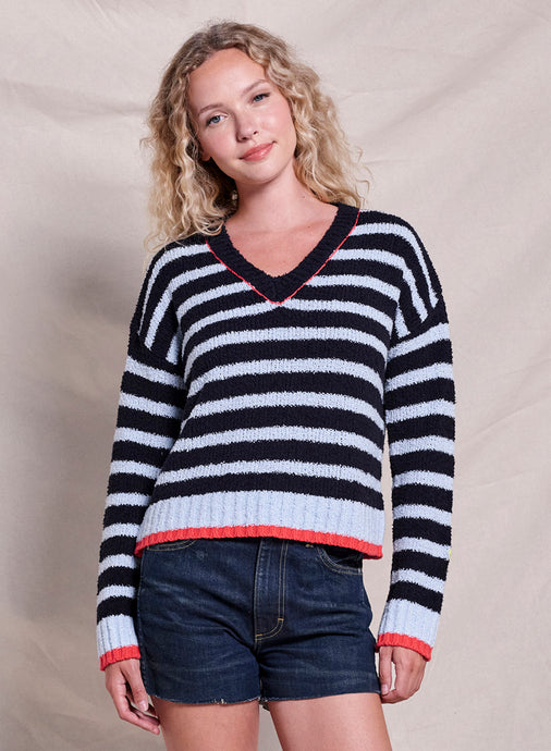 Sundry Striped V-Neck Sweater - Heart Embroidery