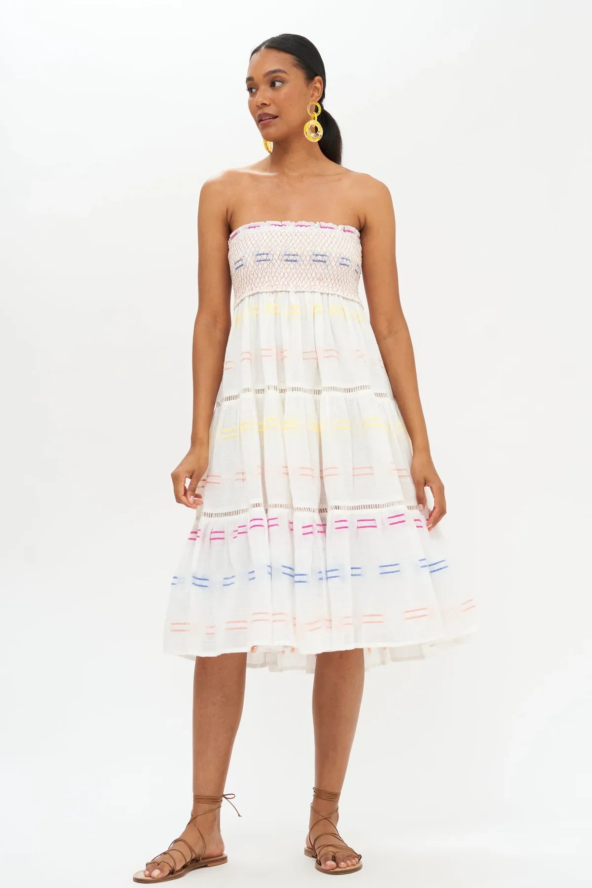 OLIPHANT Smocked Skirt Dress Midi - White Santiago