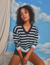 Load image into Gallery viewer, Sundry Striped V-Neck Sweater - Heart Embroidery