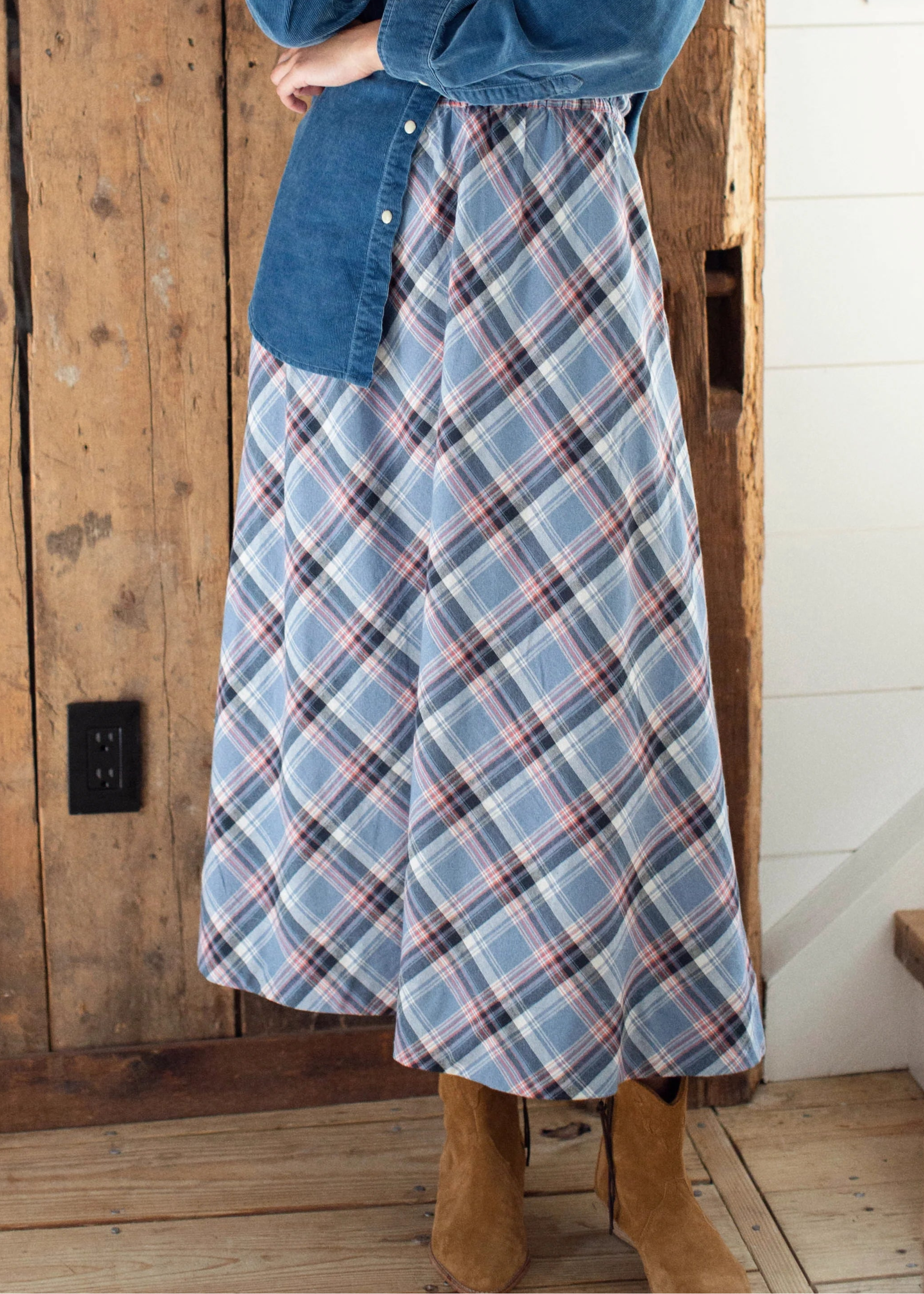 【L'Appartement】 GUNCLUB CHECK LONG SKIRT Marea Lydia Skirt - Harbor Blue Check – Luck Lafayette