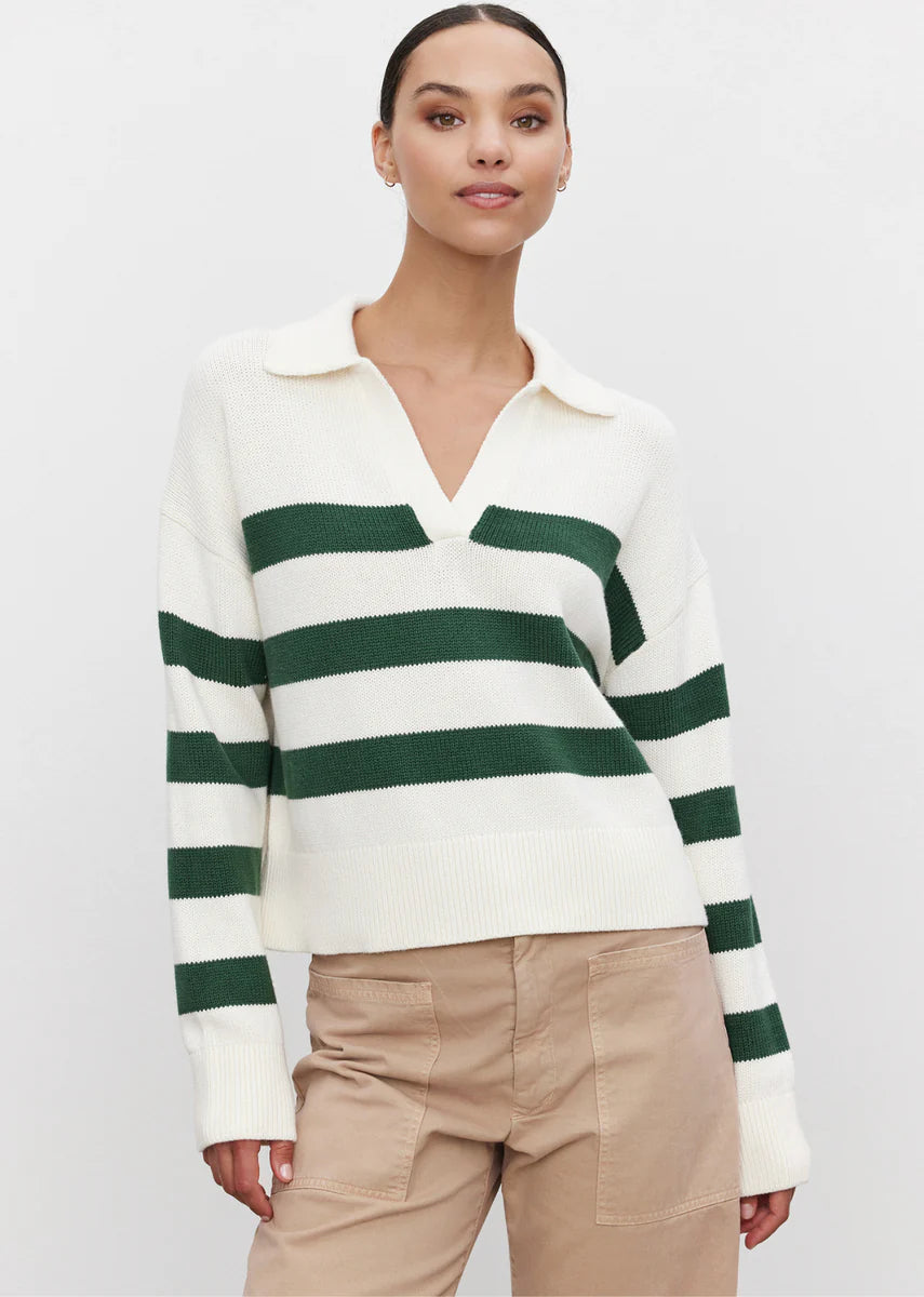 Velvet Lucie Polo Sweater - Milk/Forest