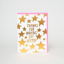 Load image into Gallery viewer, Egg Press Manufacturing - Making Life Better Stars Letterpress Greeting Card by Ashkahn: Plastic sleeve