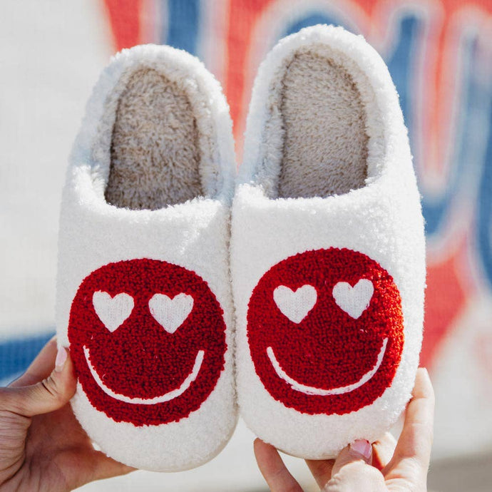 Katydid Heart Eyes Red Happy Face Slippers