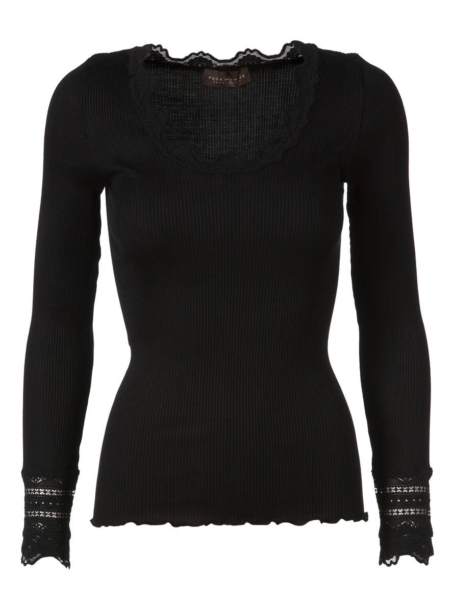 Rosemunde Silk T-shirt Longsleeve w/Lace - Black