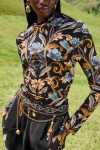 Farm Rio Snake Garden Black Jersey Blouse