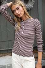 Load image into Gallery viewer, Marea Puff Sleeve Henley - Chocolate/Ivory Stripe