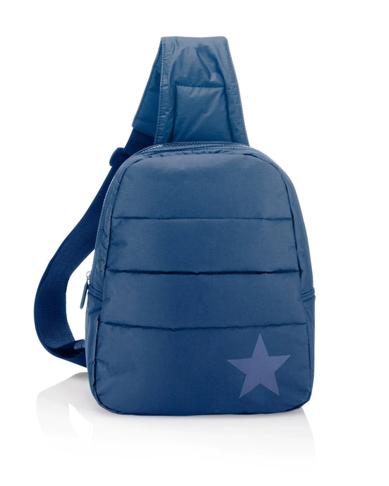 Hi, Love Travel Puffer Crossbody Backpack in Shimmer Navy - Tone on Tone Star