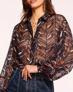 Ramy Brook Roberta Puff Sleeve Blouse - Navy Chevron