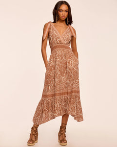Ramy Brook Mariam Smocked Waist Midi Dress in Coffee Dot