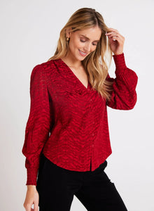 Bella Dahl Smocked Cuff Button Down - Garnet Red