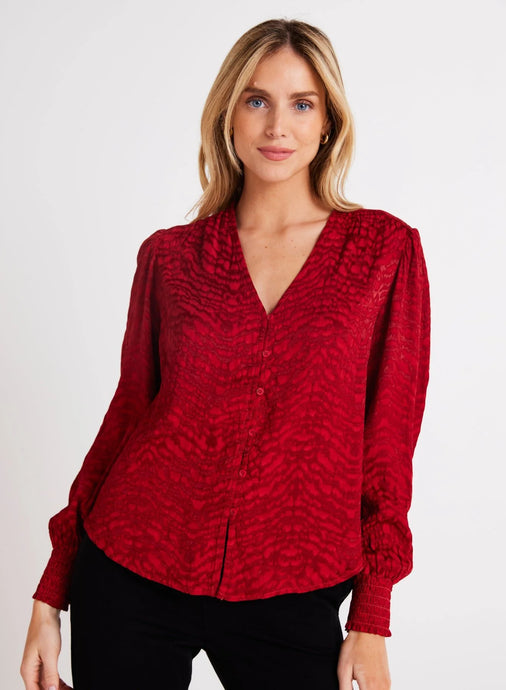 Bella Dahl Smocked Cuff Button Down - Garnet Red