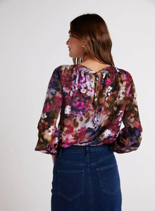 Bella Dahl Smocked Neck Raglan Sleeve Top - Twilight Fleur Print