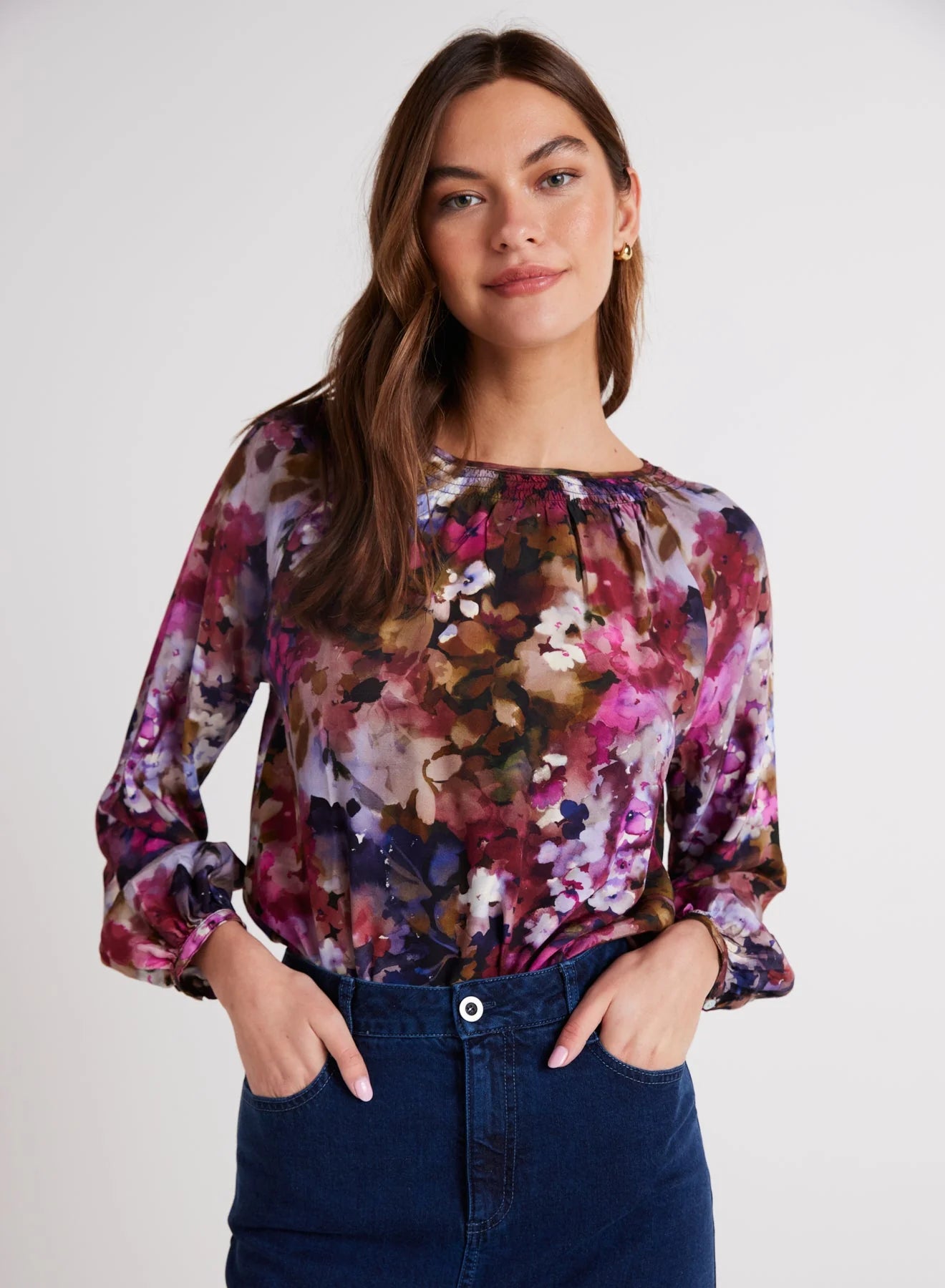 Bella Dahl Smocked Neck Raglan Sleeve Top - Twilight Fleur Print