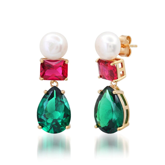 Tai Green Pear Stone and Pearl Drop Earrings