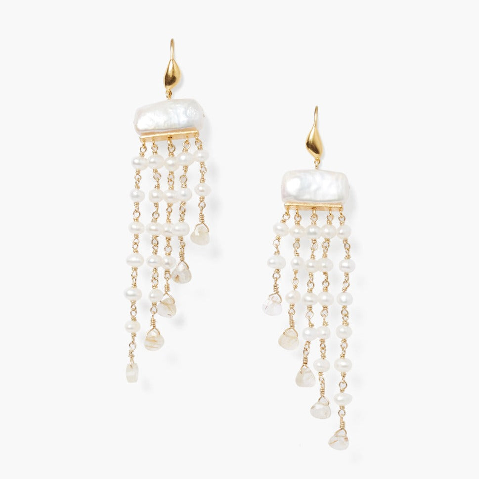 Chan Luu Phaedra Waterfall Earrings - White Pearl Mix