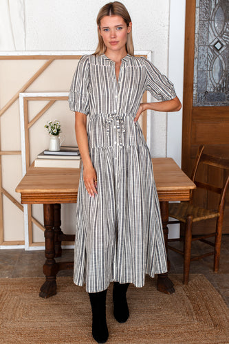 Emerson Fry Lucy Basque Dress - Aradonis Stripe Storm Grey