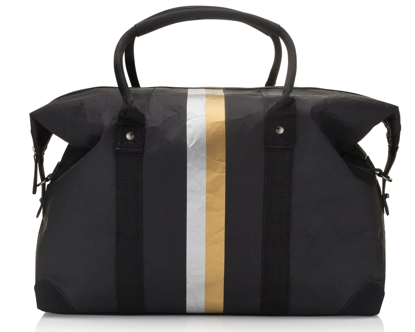 Hi, Love Travel he Weekender Bag - Black w/Silver and Gold Stripes