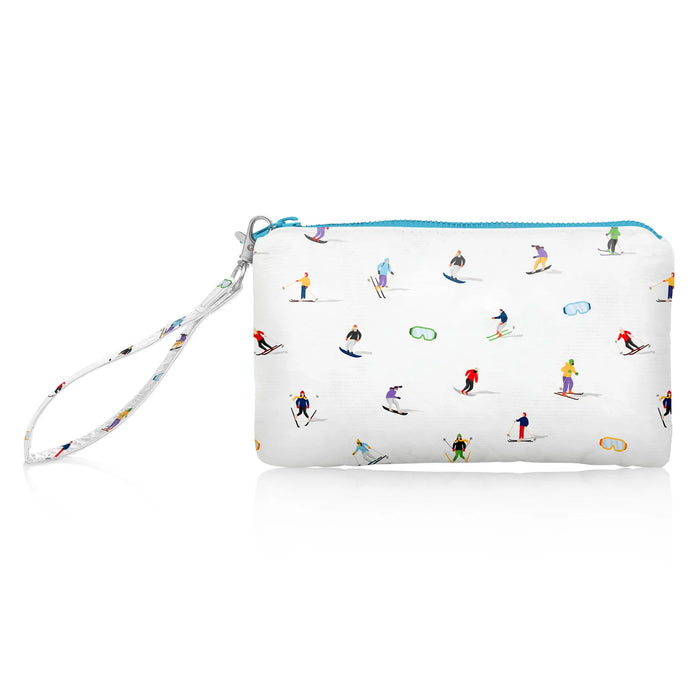 Hi, Love Travel Zip Wristlet - Dancing Skiers with Goggles