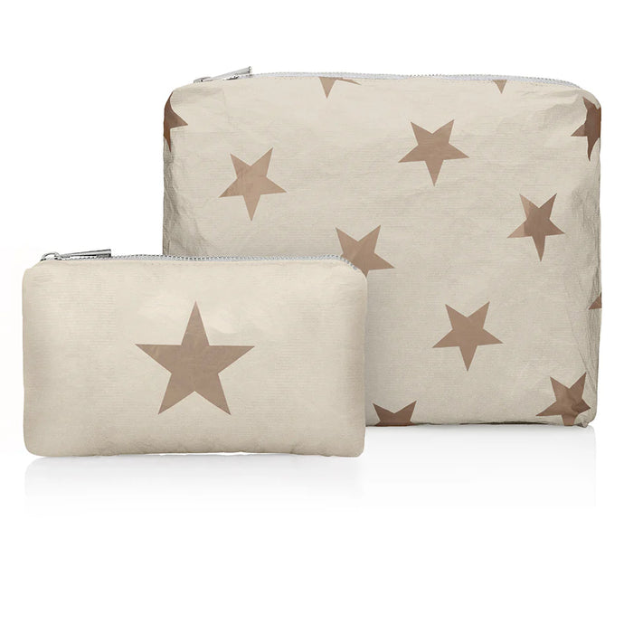 Hi, Love Travel Set of Two Organizational Packs - Shimmer Beige with Multi Golden Bronze Stars