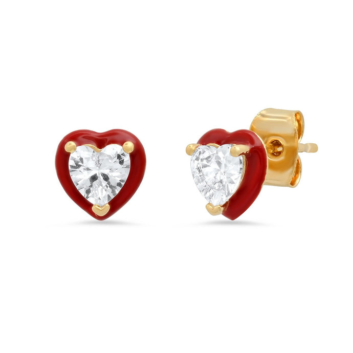 Tai Heart Shaped CZ Stud with Enamel Bezel - Red