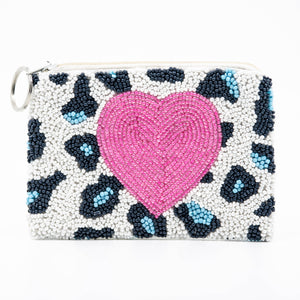 Tiana Designs Beaded Coin Purse - White Leopard w/Pink Heart